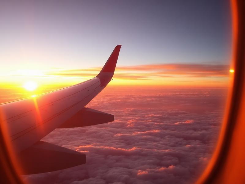 View from airplane window at sunset
